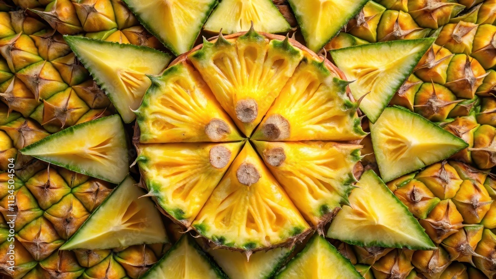 Fototapeta premium Close up top view of pineapple background cut into triangles, pineapple, background, triangles, cut, close up, top view, texture