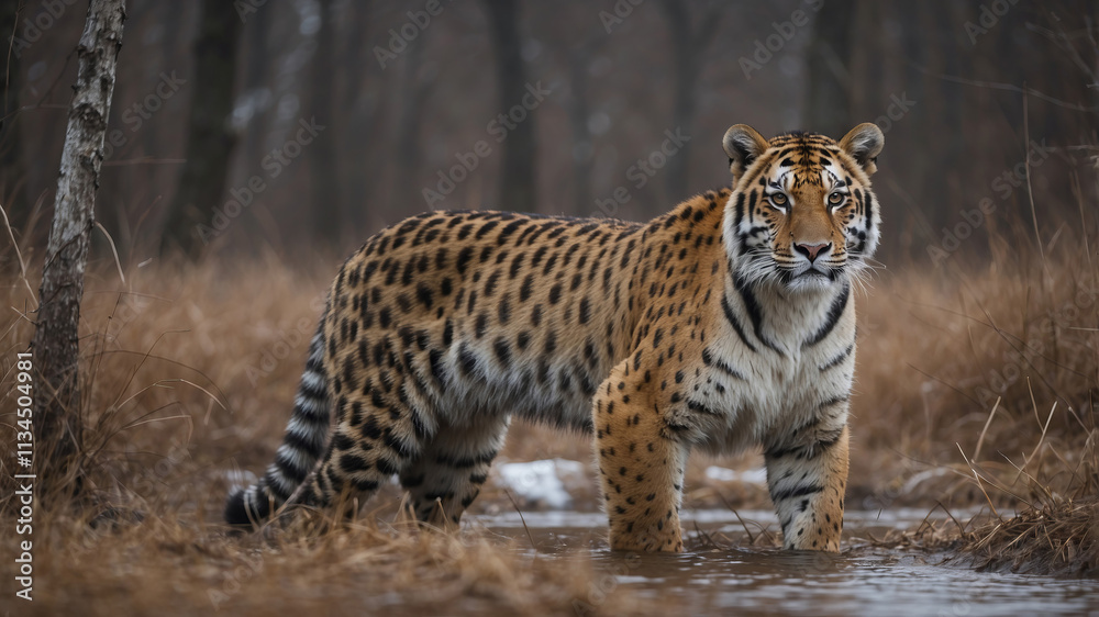 Obraz premium Majestic Amur tiger standing in a serene wetland amid tall grasses during early morning light