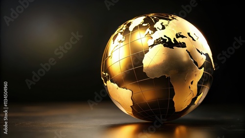 Fototapeta Naklejka Na Ścianę i Meble -  Gold colored globe on black background, gold, globe, map, world, planet, earth, black background, shiny, metallic