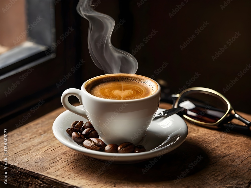a cup of warm espresso coffee in the morning on the table a cup of warm espresso coffee in the morning on the table