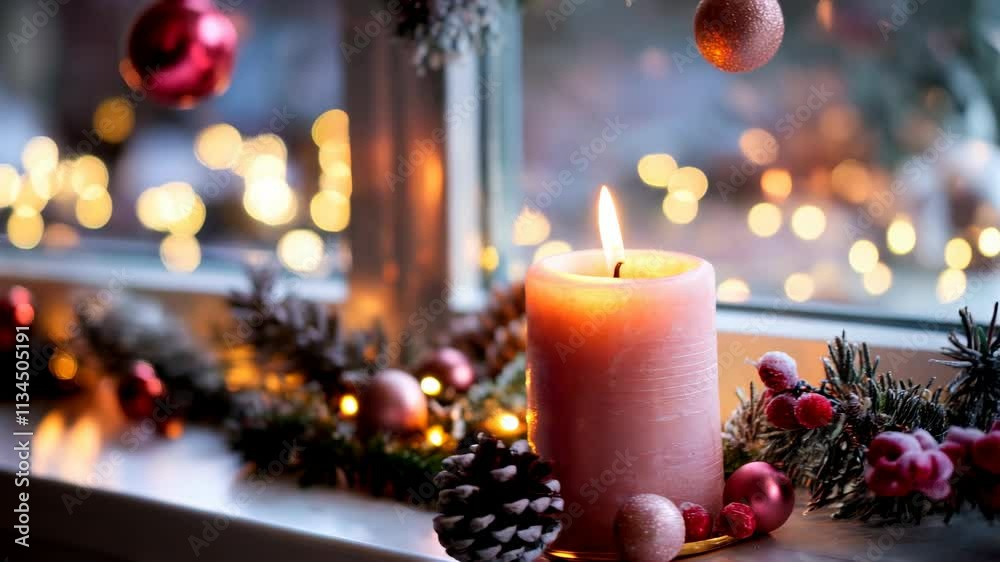Candle is lit in front of a window with Christmas decorations Candle is lit in front of a window with Christmas decorations