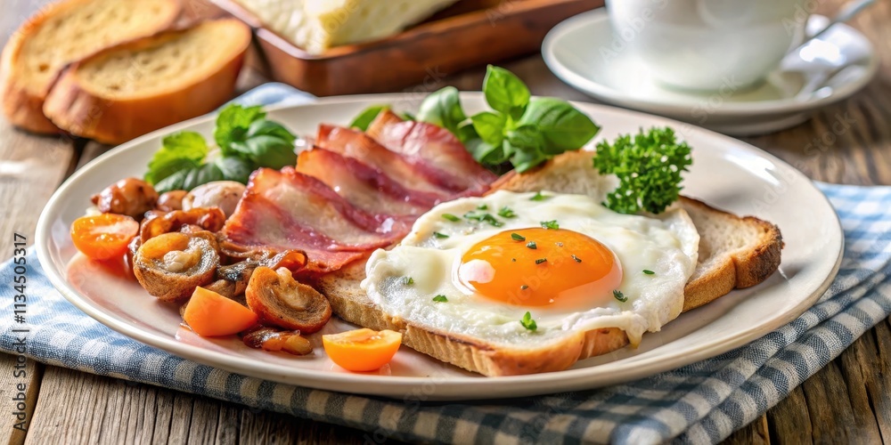 Classic English breakfast with fried egg, crispy toast, and savory ham , breakfast, food, morning, English, classic Classic English breakfast with fried egg, crispy toast, and savory ham , breakfast, food, morning, English, classic