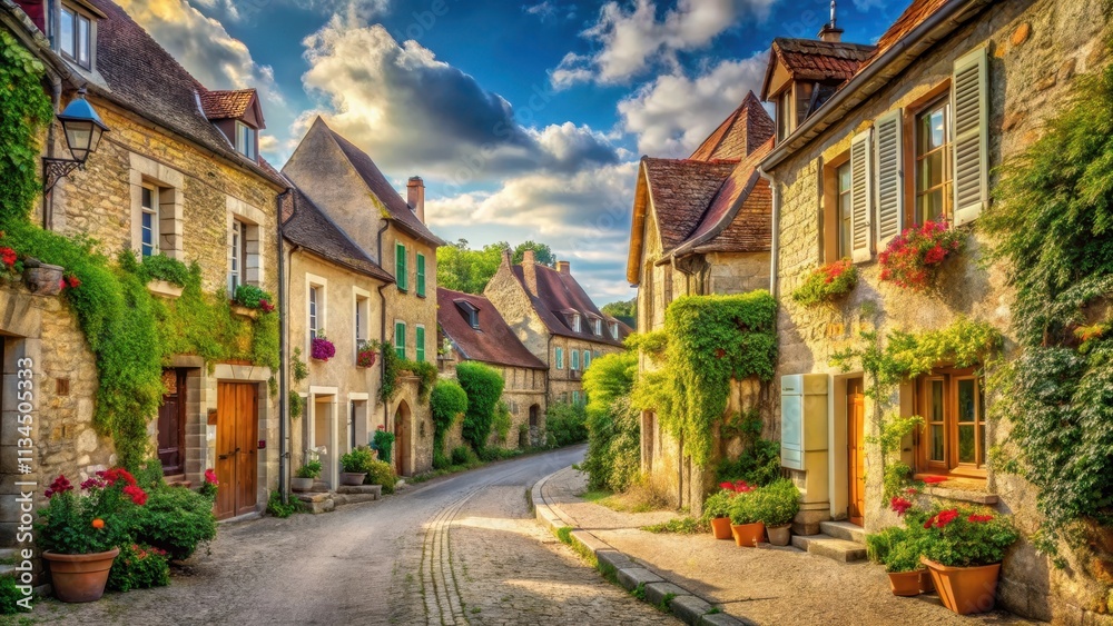 Naklejka premium Charming old village in France with stunning street view , France, village, charming, old, architecture