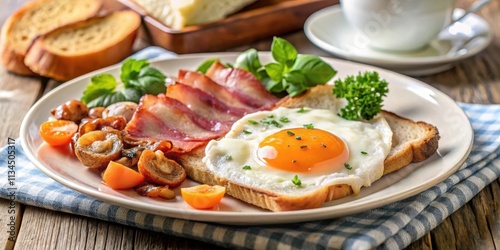 Classic English breakfast with fried egg, crispy toast, and savory ham , breakfast, food, morning, English, classic