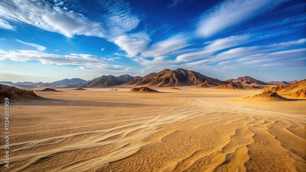 Fototapeta premium Dry, barren sandy landscape in the Egyptian desert, Egypt, sand, stone, arid, barren, desolate, hot, wilderness, remote