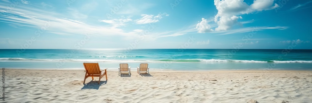 Beach scene with two chairs and striped umbrella overlooking calm blue ocean and sky, getaway, beach Beach scene with two chairs and striped umbrella overlooking calm blue ocean and sky, getaway, beach