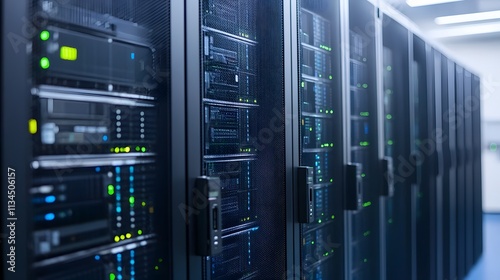 A row of server racks in a data center, showcasing advanced technology and digital storage.