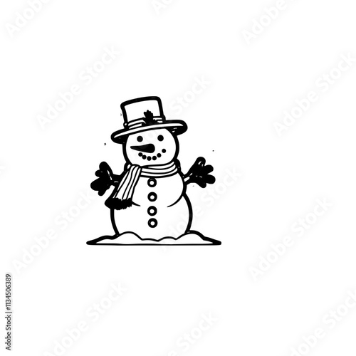  A black and white line drawing of a snowman with a hat and a scarf