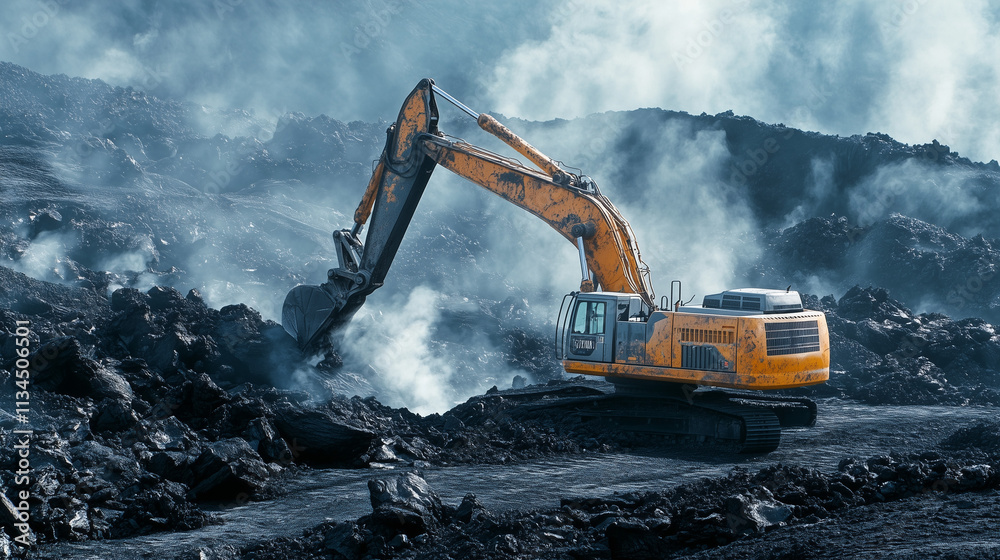 An excavator working on volcanic rock terrain amidst a smoky and rugged landscape, demonstrating its capability in extreme conditions. An excavator working on volcanic rock terrain amidst a smoky and rugged landscape, demonstrating its capability in extreme conditions.