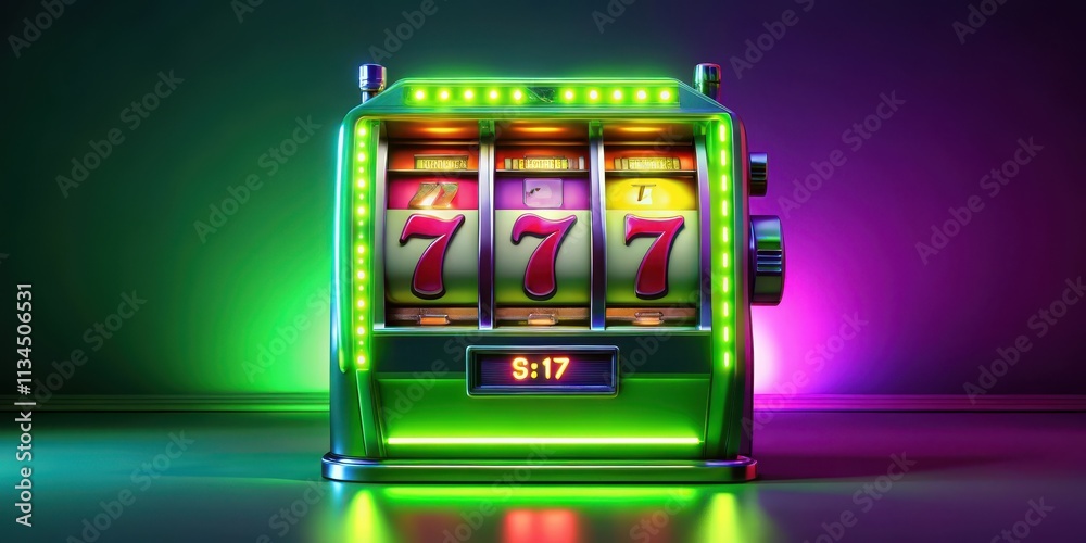 Bright and colorful slot machine with neon green 7, slot machine, bright, red, blue, background, neon, green, 7, gambling Bright and colorful slot machine with neon green 7, slot machine, bright, red, blue, background, neon, green, 7, gambling