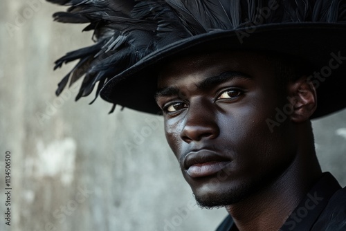 Fashion model wearing extravagant black hat with feathers