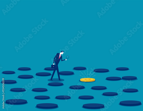 Business discovery coin. Business concentration and focus vector flat style