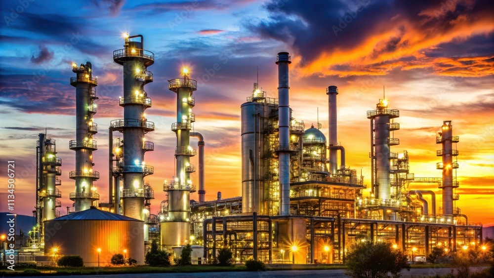 Fototapeta premium Oil refinery with pipes and lights glowing at dusk, oil refinery, industrial, pipes, lights, dusk, evening, energy