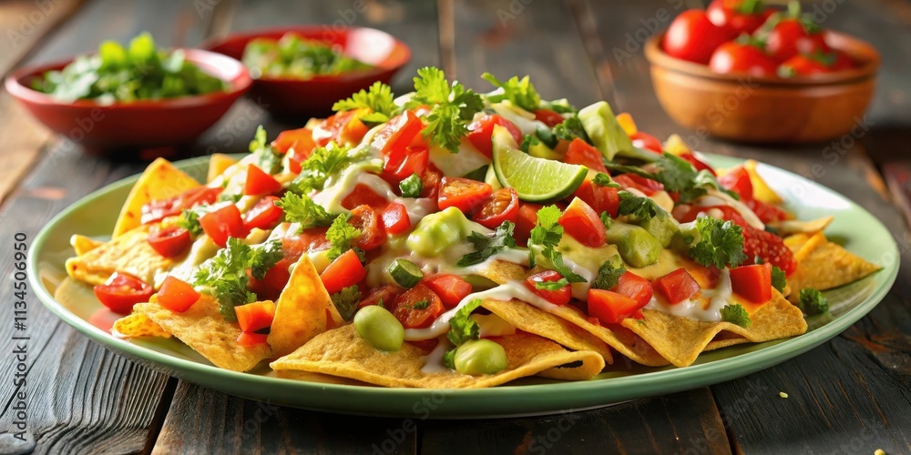 Plate of loaded nachos topped with guacamole, pico de gallo, and melted cheese, nachos, guacamole Plate of loaded nachos topped with guacamole, pico de gallo, and melted cheese, nachos, guacamole