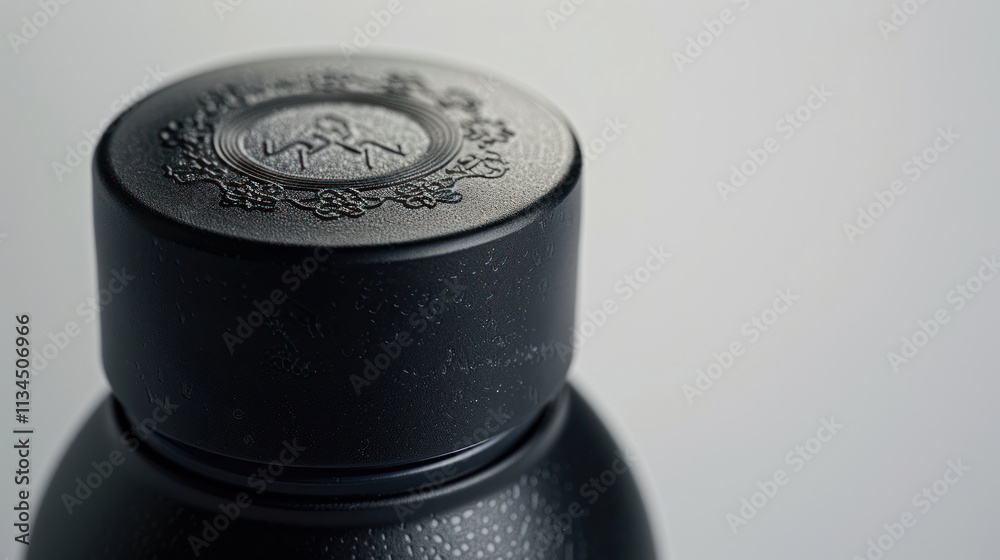Stylish matte bottle with embossed logo, close-up view with fine texture details, luxurious and modern aesthetic on a plain white backdrop Stylish matte bottle with embossed logo, close-up view with fine texture details, luxurious and modern aesthetic on a plain white backdrop