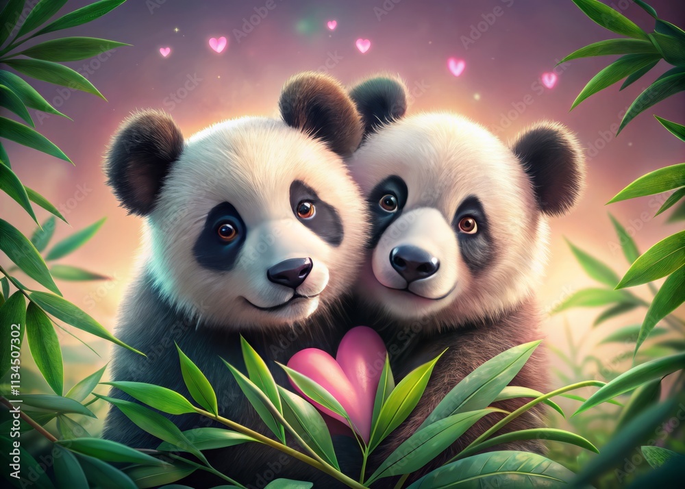 Fototapeta premium Cute Panda Valentine's Day Wall Art: Adorable Bamboo Lovers Close-Up Print