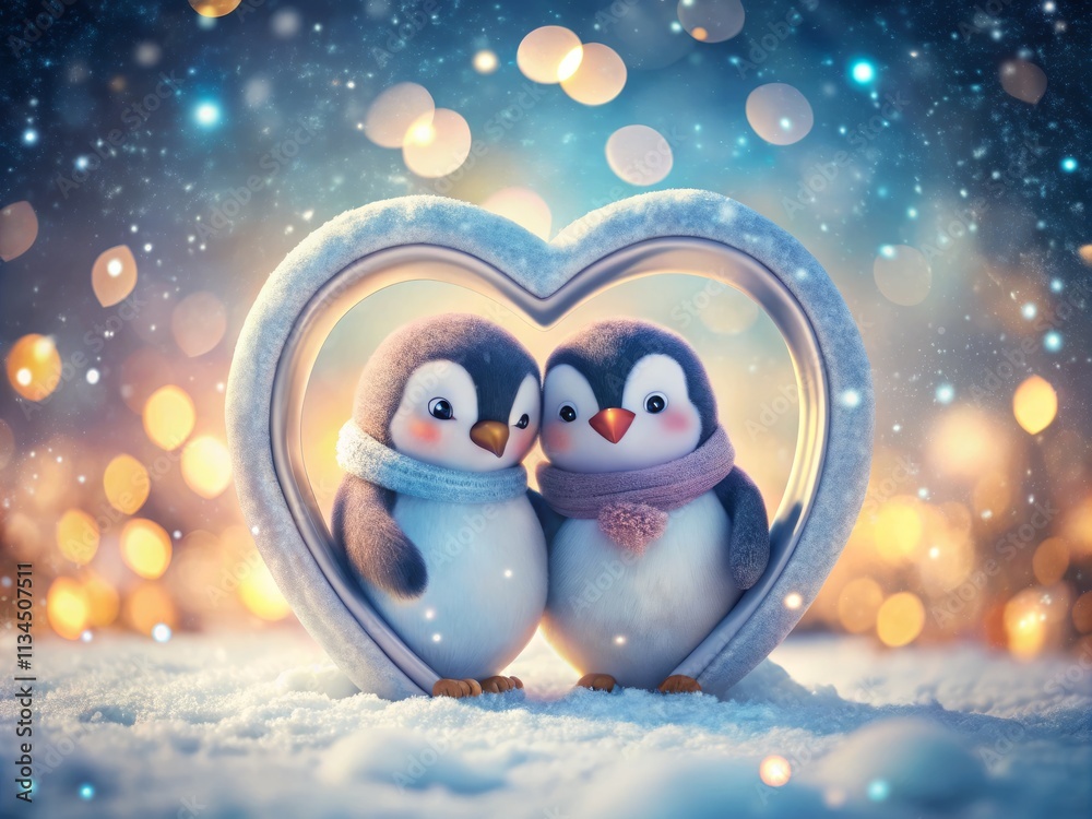 Obraz premium Cute Valentine's Day Penguin Photo Frame: Adorable Penguin Couple, Romantic Winter Scene, Wide Angle