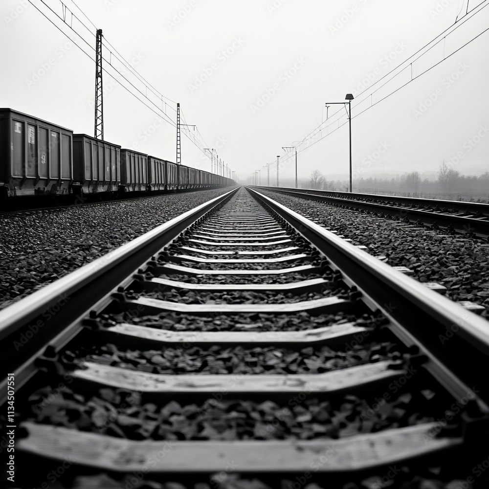 Black and White Perspective of Train Tracks Stretching into the Distance with Freight Cars Alongside Under a Gloomy Sky and Overcast Weather Conditions Black and White Perspective of Train Tracks Stretching into the Distance with Freight Cars Alongside Under a Gloomy Sky and Overcast Weather Conditions