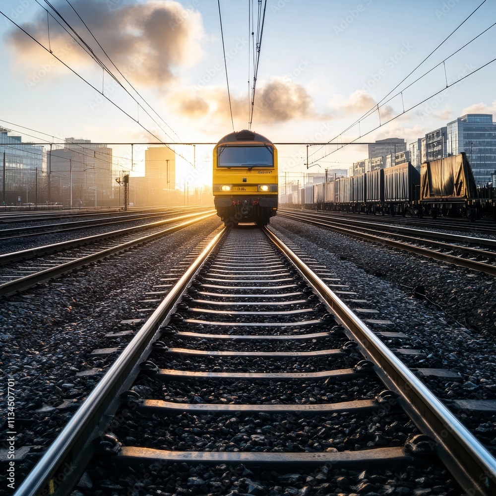 Naklejka premium Train Approaching at Sunrise with Tracks Leading into the Horizon under a Dramatic Sky and Cityscape Background