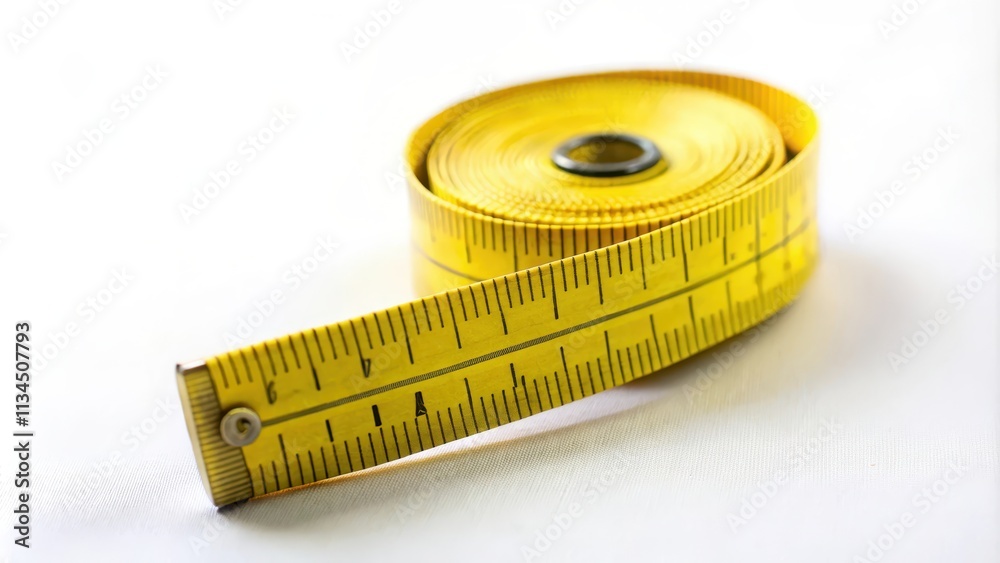 Measuring tape in yellow color against a white background, measurement, tool, retractable, accurate, scale, centimeters Measuring tape in yellow color against a white background, measurement, tool, retractable, accurate, scale, centimeters