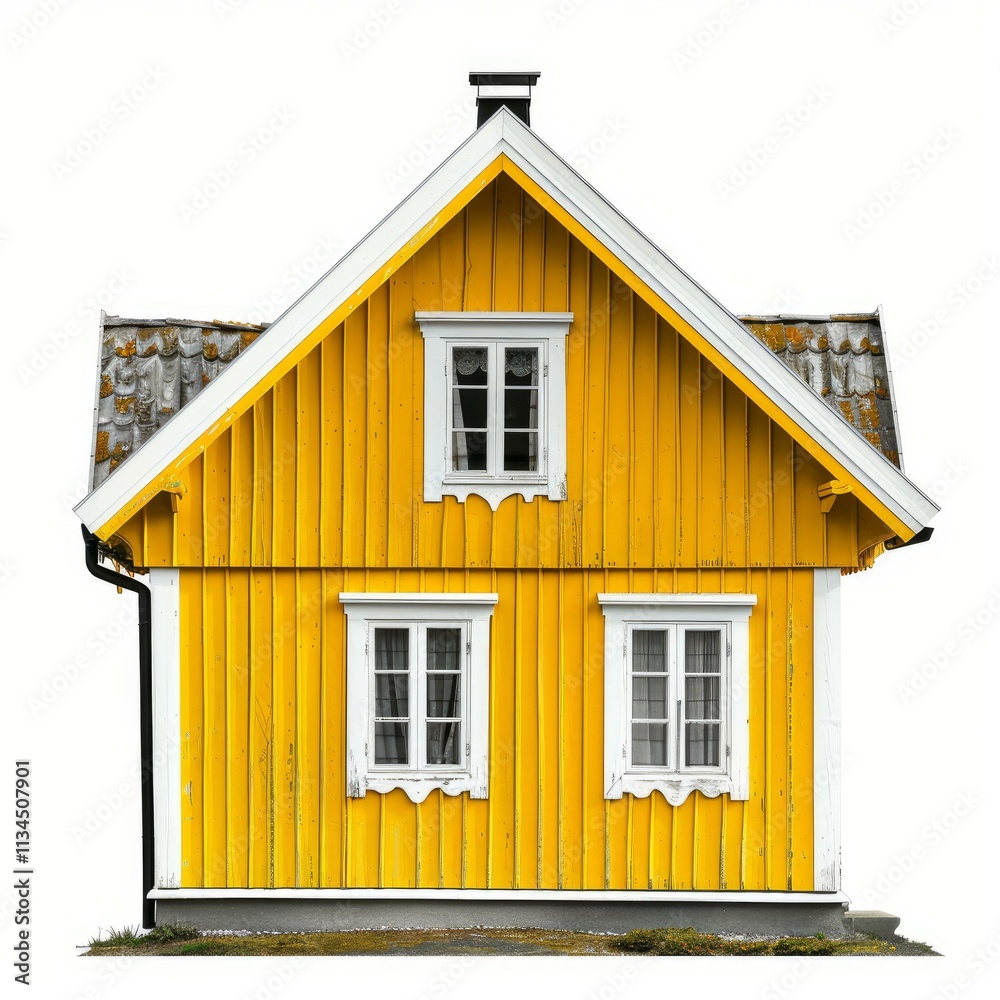 Charming yellow wooden house with white trim, gray roof and chimney, isolated on a white background, perfect for architectural or design projects Charming yellow wooden house with white trim, gray roof and chimney, isolated on a white background, perfect for architectural or design projects