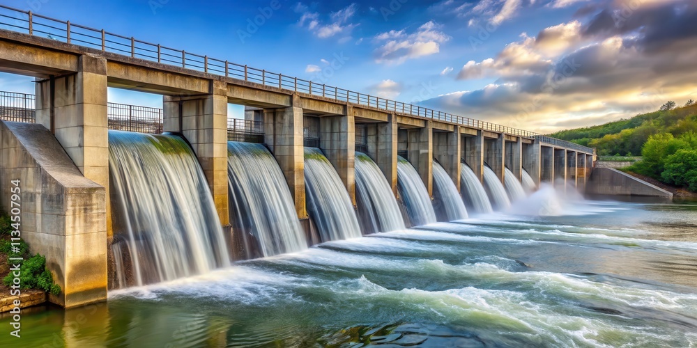 Water flowing over small concrete dam with hydro electrical power production , hydroelectric, power, energy, renewable Water flowing over small concrete dam with hydro electrical power production , hydroelectric, power, energy, renewable