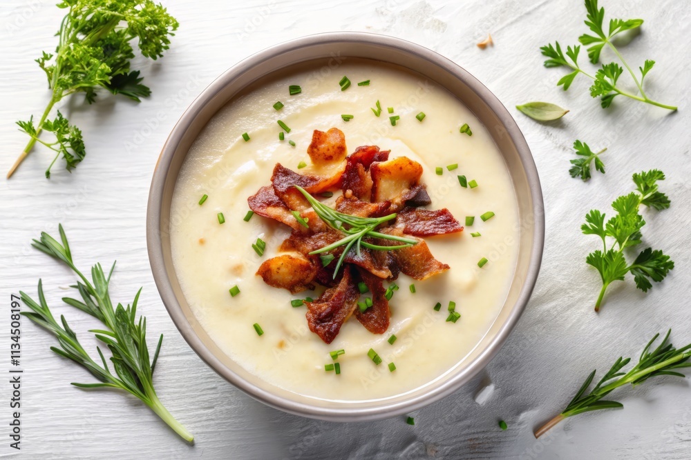 Deliciously Rich Potato Soup with Crispy Bacon Served in a Bowl on a White Table, Captured in Low Light for a Cozy and Inviting Dining Experience Deliciously Rich Potato Soup with Crispy Bacon Served in a Bowl on a White Table, Captured in Low Light for a Cozy and Inviting Dining Experience