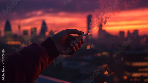 A hand holds a cigarette against a stunning city skyline. The vibrant colors of the sunset illuminate the clouds. Smoke drifts in the air adding mystery. Generative AI photo