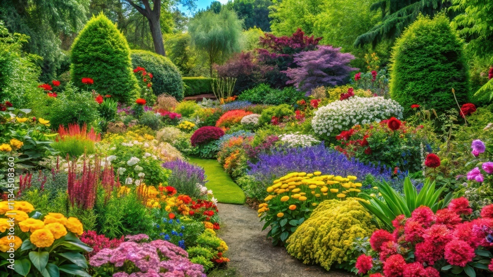 A vibrant and lush garden filled with a variety of colorful flowers and green foliage, nature, plant, growth, outdoors