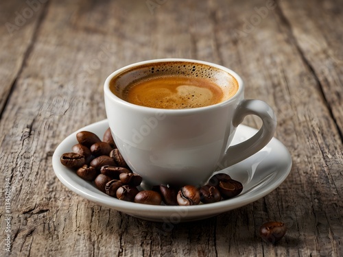 a cup of warm espresso coffee in the morning on the table