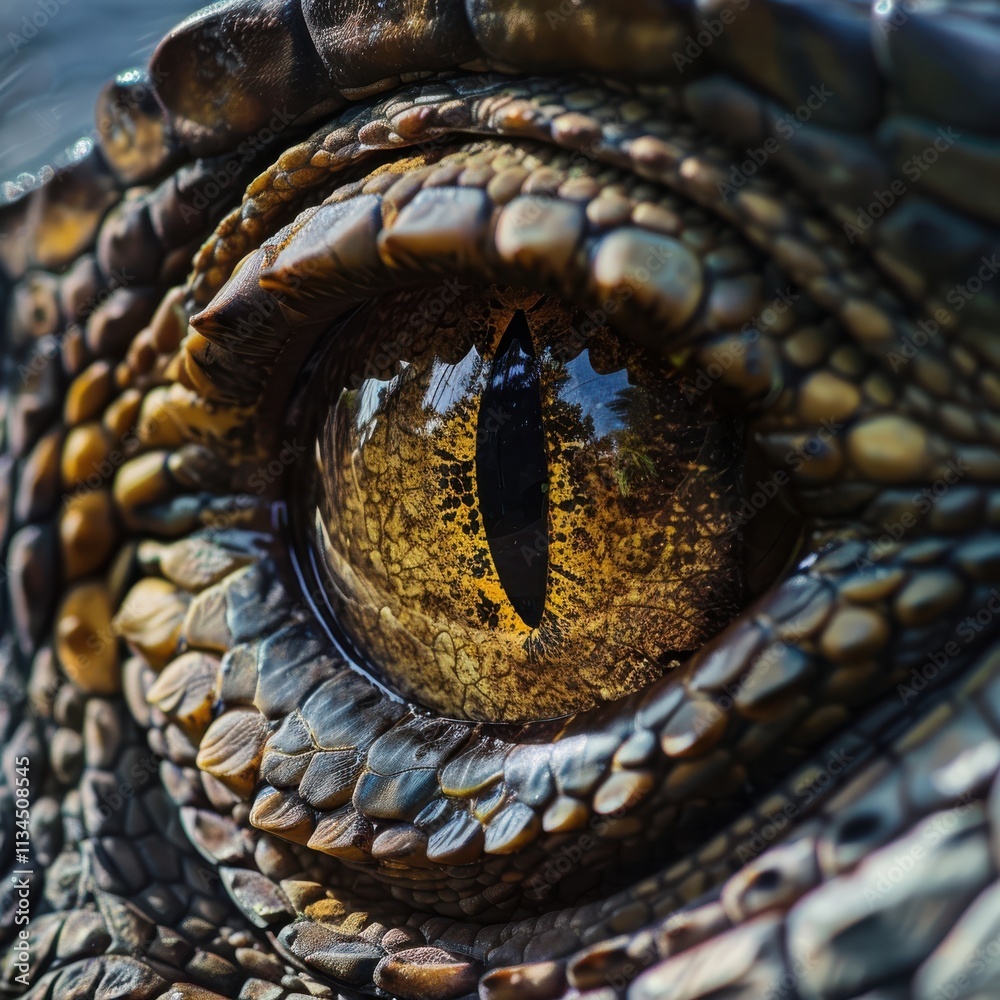 Fototapeta premium Close-Up View of a Crocodile's Eye at Water's Edge in Natural Habitat