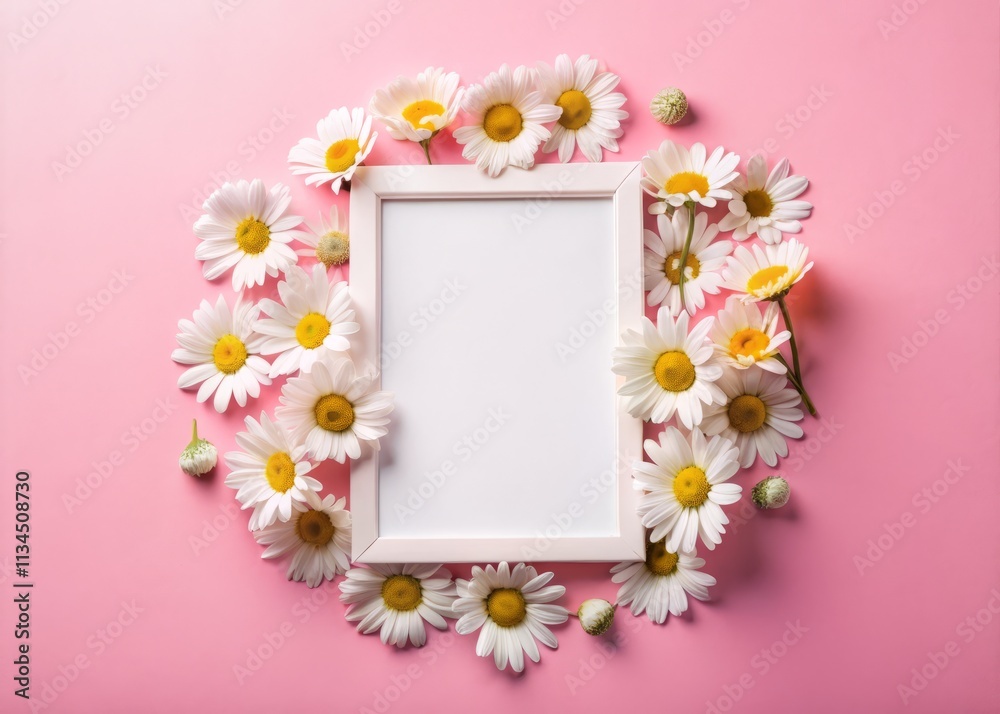 Elegant Mockup of a Blank Greeting Card Framed by White Chamomile Flowers on a Soft Pink Background, Perfect for Wedding Invitations and Celebratory Events Elegant Mockup of a Blank Greeting Card Framed by White Chamomile Flowers on a Soft Pink Background, Perfect for Wedding Invitations and Celebratory Events