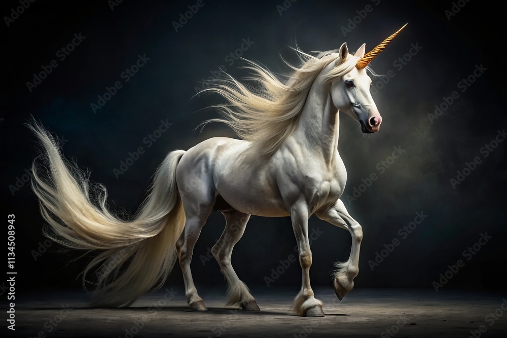 Enchanting Unicorn Full-Length Isolated on Black Background with Ample Copy Space for Fantasy-Themed Projects, , and Designs Enchanting Unicorn Full-Length Isolated on Black Background with Ample Copy Space for Fantasy-Themed Projects, , and Designs