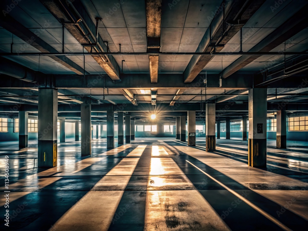 Empty Underground Parking Garage Interior with Industrial Aesthetics and Striking Silhouettes - A Profoundly Captivating Visual of Urban Space and Architectural Design Empty Underground Parking Garage Interior with Industrial Aesthetics and Striking Silhouettes - A Profoundly Captivating Visual of Urban Space and Architectural Design