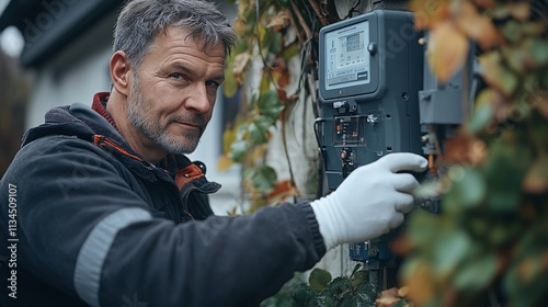 A technician adjusts a meter on a wall, surrounded by foliage, focused on his task while wearing gloves.