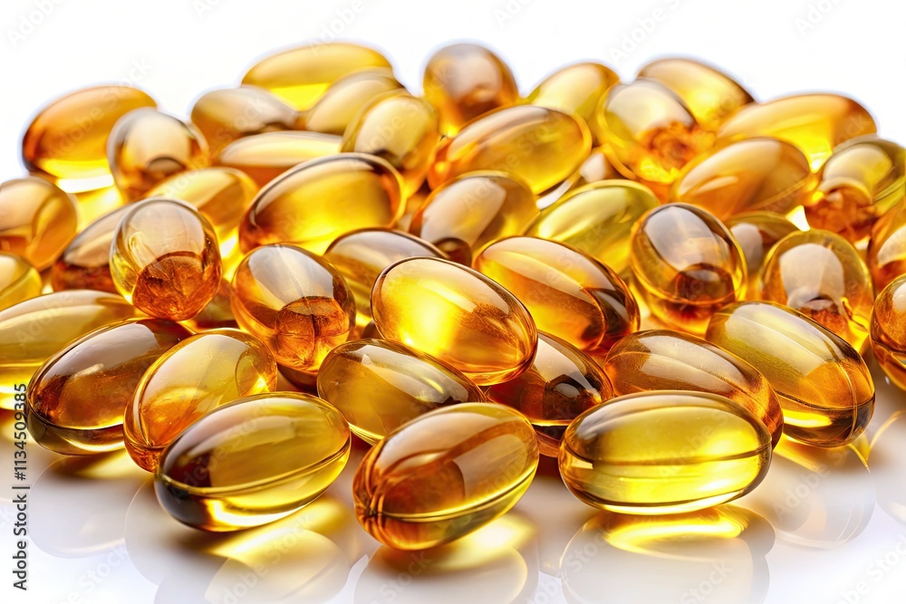 High-resolution panoramic image: countless fish oil capsules, pristine white background. High-resolution panoramic image: countless fish oil capsules, pristine white background.