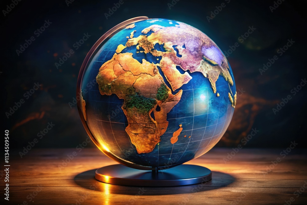 Illuminated Earth globe, a sphere glowing against a dark backdrop, showcasing continents in conceptual night photography. Illuminated Earth globe, a sphere glowing against a dark backdrop, showcasing continents in conceptual night photography.