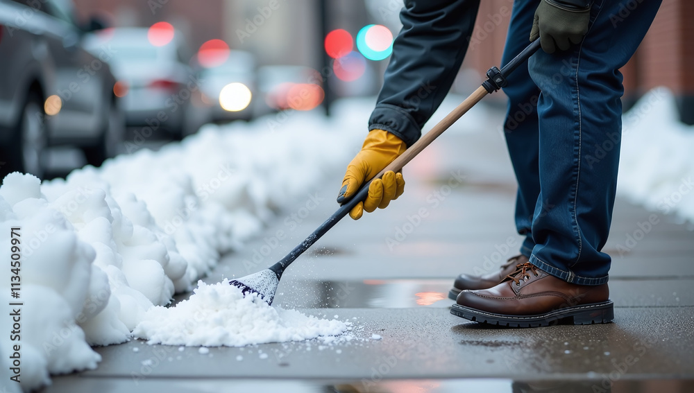 city worker wears gloves sprinkle salt icy sidewalks help prevent accidents snowy weather