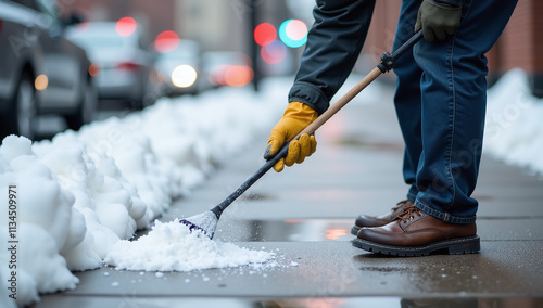 city worker wears gloves sprinkle salt icy sidewalks help prevent accidents snowy weather