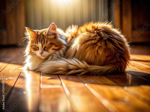 Kitten naps, sun-warmed, curled tight on the hardwood, a golden sunbeam's embrace.