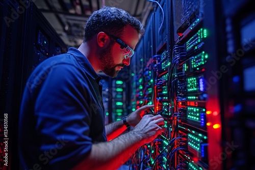 A technician works on a server rack, surrounded by illuminated displays, in a high-tech environment.
