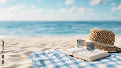 Fototapeta Naklejka Na Ścianę i Meble -  A serene beach scene featuring a straw hat, sunglasses, and an open book on a checkered blanket, with the ocean in the background.