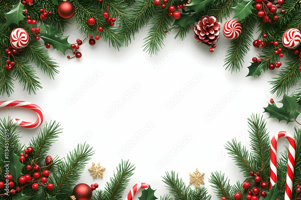 Festive Christmas frame with fir branches, berries, candy canes, ornaments, and pinecones on white background. Festive Christmas frame with fir branches, berries, candy canes, ornaments, and pinecones on white background.