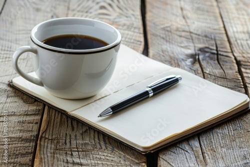 Warm Coffee Cup Positioned on an Open Notebook With Pen on Wooden Table