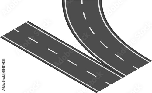 Winding road curves and splits into two straight paths, creating a visual representation of choices and different directions in life, viewed from an isometric perspective