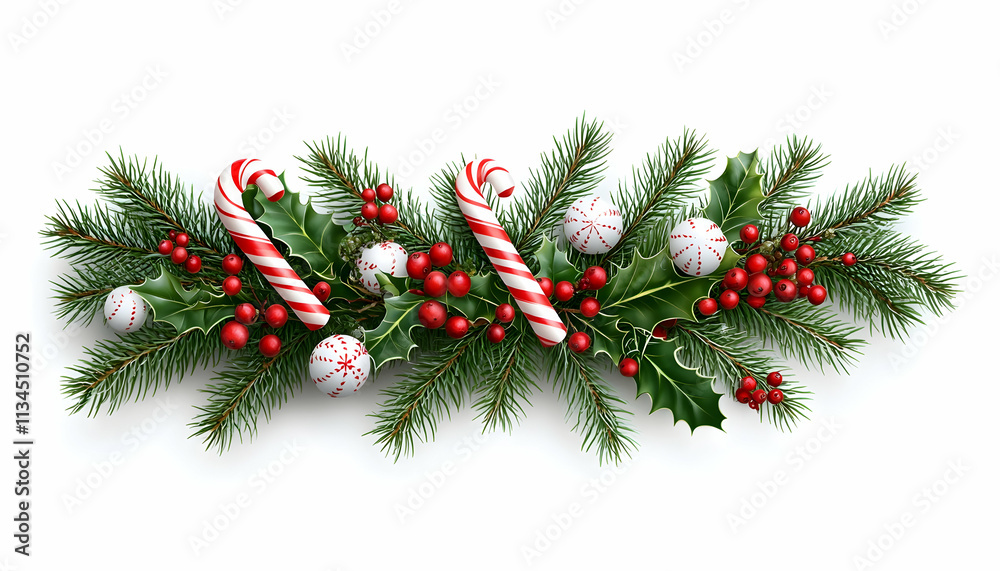 Festive Christmas garland with candy canes, holly berries, and ornaments on a white background. Festive Christmas garland with candy canes, holly berries, and ornaments on a white background.