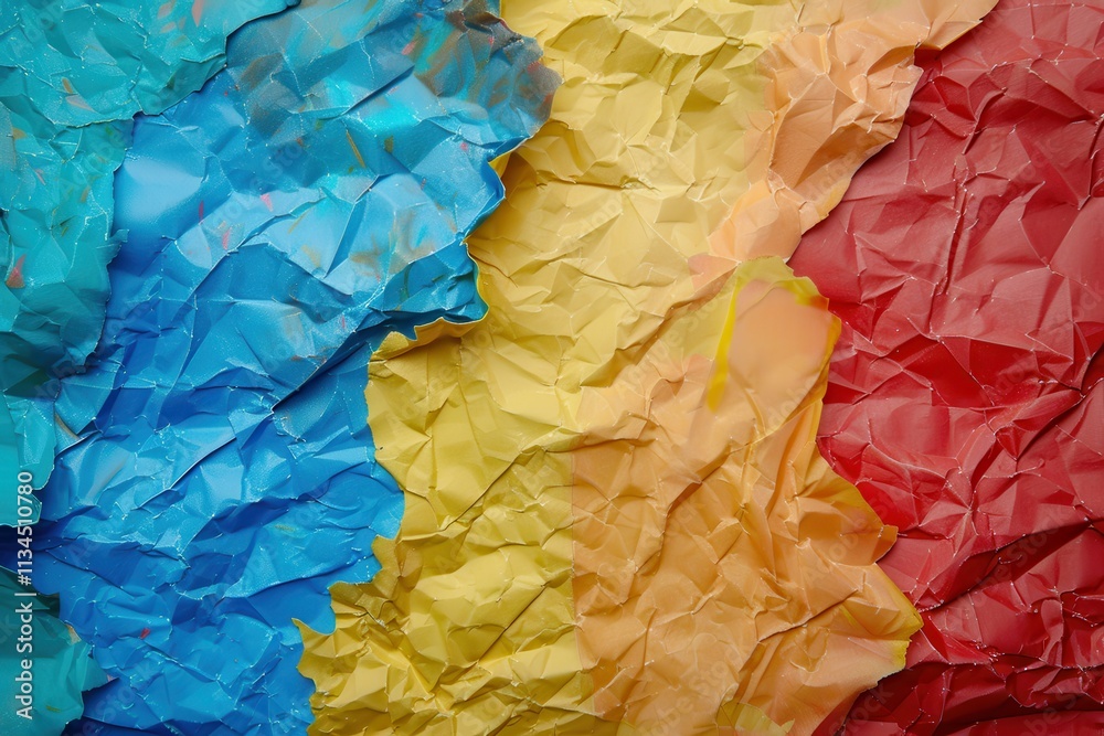Crumpled Colorful Paper Textures in Blue, Yellow, and Red Arranged Artistically Crumpled Colorful Paper Textures in Blue, Yellow, and Red Arranged Artistically