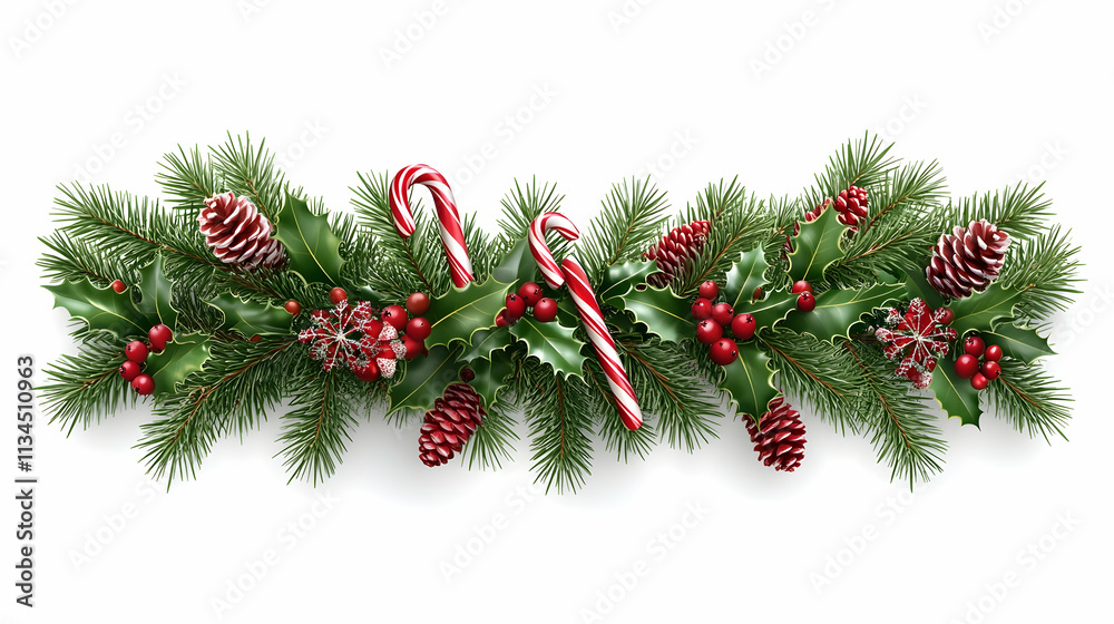 Festive Christmas garland with pine, holly, berries, pinecones, and candy canes on white. Festive Christmas garland with pine, holly, berries, pinecones, and candy canes on white.