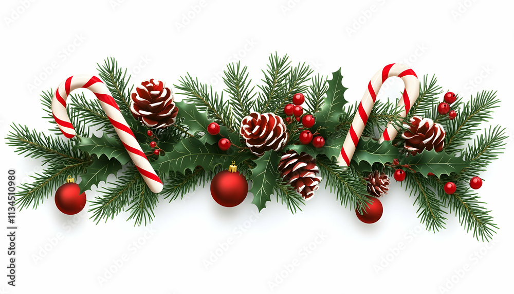 Festive Christmas garland with pine, holly, candy canes, and ornaments. (1) Festive Christmas garland with pine, holly, candy canes, and ornaments. (1)