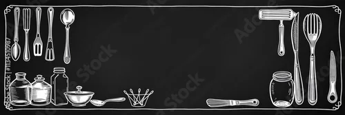 Panel kuchenny z motywem Chalk menu boards with hand drawn kitchenware illustrations perfect for restaurant or home cooking themes, menu, kitchenware